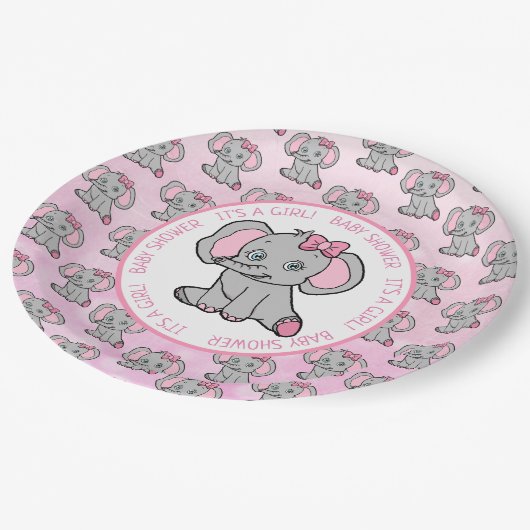 Pink und Grau Elephant Themed Baby Dusche Pappteller (Schrägansicht)