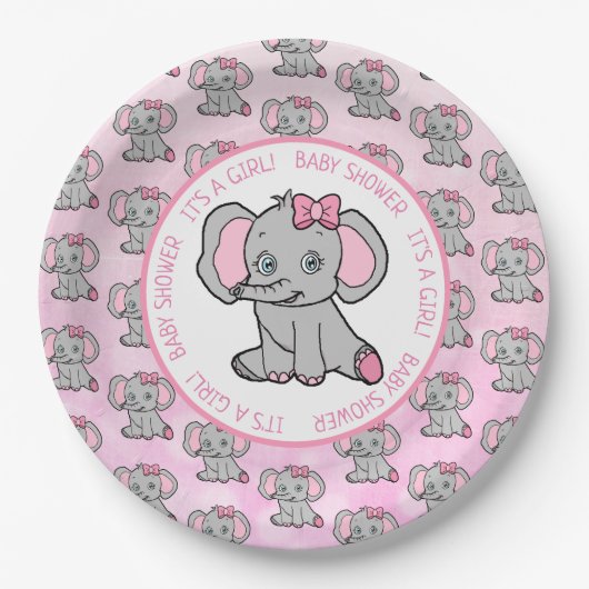 Pink und Grau Elephant Themed Baby Dusche Pappteller (Vorderseite)