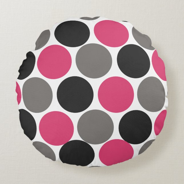 Pink und Grau Polka Dot Rundes Kissen (Vorderseite)