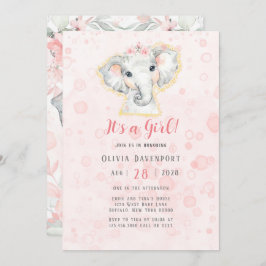 Pink und Grau Wasserfarbe Elephant Girl Baby Dusch Einladung