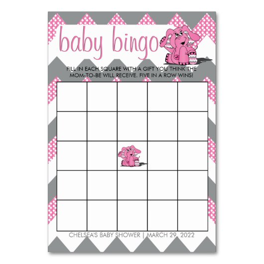 Pink und Grau Zickzack Elephant Baby Shower Bingo Tischnummer (Vorderseite)