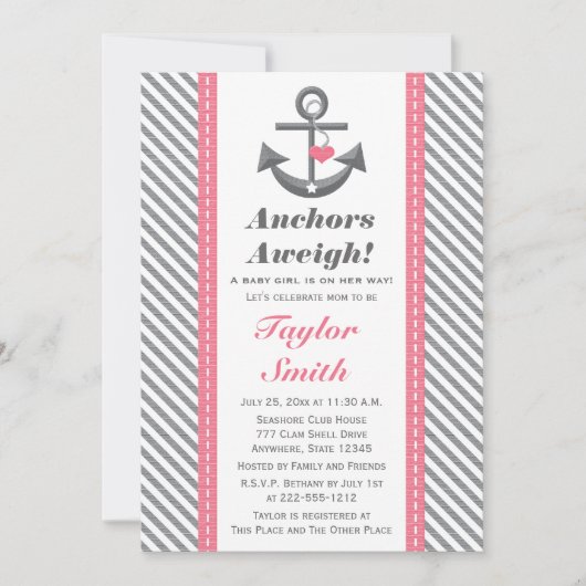 Pink und Gray Anchor Kinderdusche Einladung (Vorderseite)
