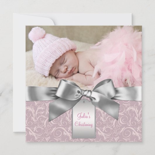 Pink und Gray Baby Girl Foto Christening Einladung (Vorderseite)