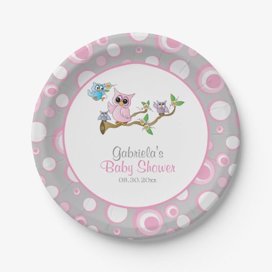 Pink und Gray Baby Owl Baby Dusche Thema Pappteller (Vorderseite)