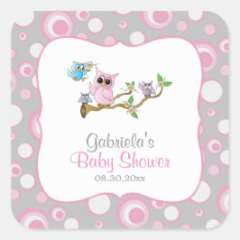 Pink und Gray Baby Owl Baby Dusche Thema Quadratischer Aufkleber
