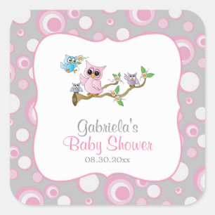 Pink und Gray Baby Owl Baby Dusche Thema Quadratischer Aufkleber