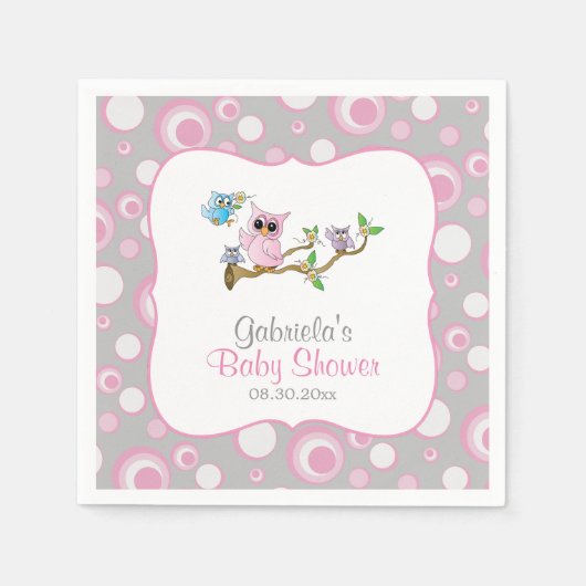 Pink und Gray Baby Owl Baby Dusche Thema Serviette (Vorderseite)