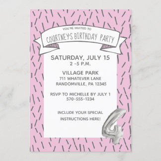 Pink und Gray Balloon Girls 4. Geburtstags-Party Einladung