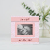 Pink und Gray Girl Babydusche Save The Date (Stehend Vorderseite)
