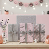 Pink und Gray Halloween Bat, Moon & Gingham Geschenkpapier Set