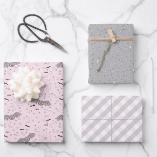 Pink und Gray Halloween Bat, Moon & Gingham Geschenkpapier Set