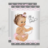 Pink und Gray Lace Pearls Baby Dusche Einladung (Vorne/Hinten)