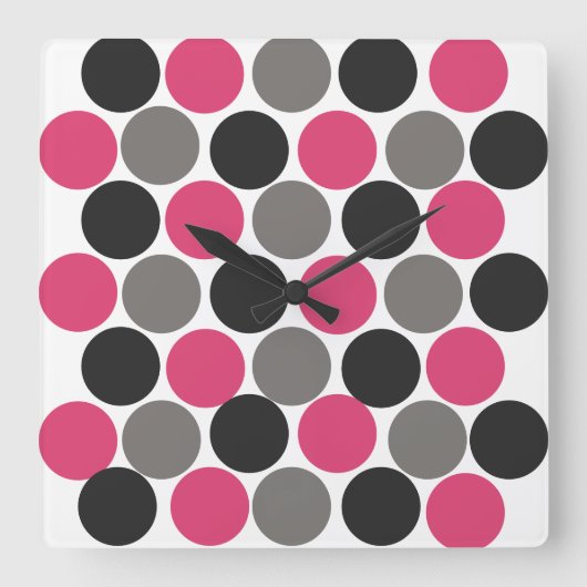 Pink und Gray Polika Dot Quadratische Wanduhr (Vorderseite)