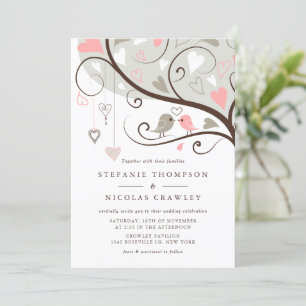 Pink und Gray Whimsical Lovebirds Hochzeit Einladung