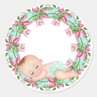 Pink und Gree Babyduschaufkleber mit Blütenbaby Runder Aufkleber