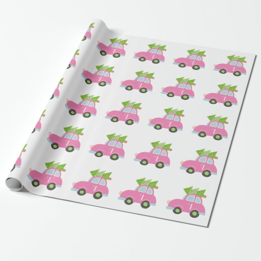 Pink und Green Car Weihnachtswrapping Paper Geschenkpapier (Ungerollt)
