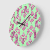 Pink und Green Damask Muster Wandklemme Große Wanduhr (Winkel)