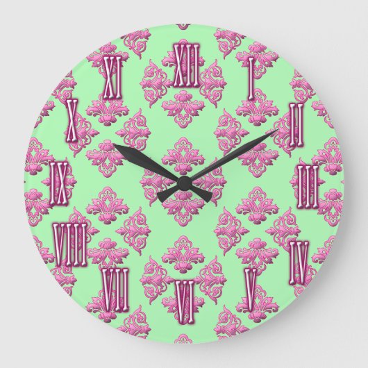 Pink und Green Damask Muster Wandklemme Große Wanduhr (Vorderseite)