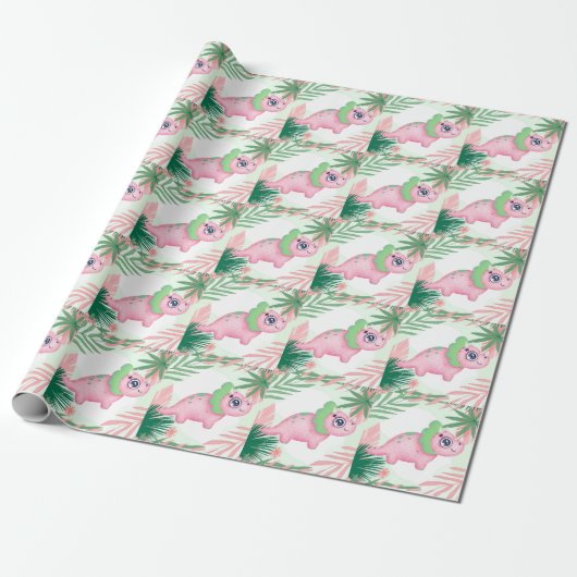 Pink und Green Girly Dinosaur Baby Dusche Geschenkpapier (Ungerollt)