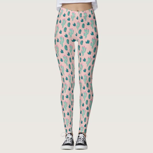 Pink und Green Hübsch Cactus Pattern Leggings (Vorderseite)