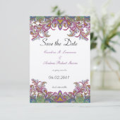 Pink und Green Paisley Peacock Wedding Save The Date (Stehend Vorderseite)
