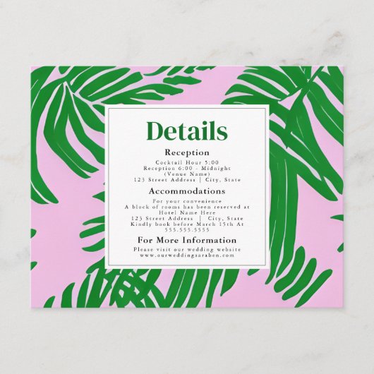 Pink und Green Palm Tree Moderne Beach Hochzeit Begleitkarte (Vorderseite)