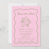 Pink und grün Whimsical Doodle Trendy Wedding Einladung (Vorderseite)