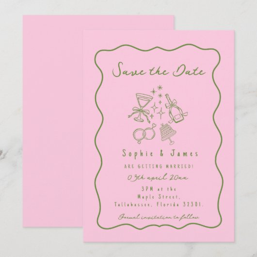 Pink und grün Whimsical Doodle Trendy Wedding Einladung (Vorne/Hinten)