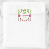 Pink und grüne Streifen Dots Monogramm-Adressenauf Quadratischer Aufkleber (Tasche)