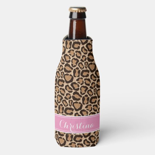 Pink und Leopard Print Custom Monogram Flaschenkühler (Flaschenvorderseite)