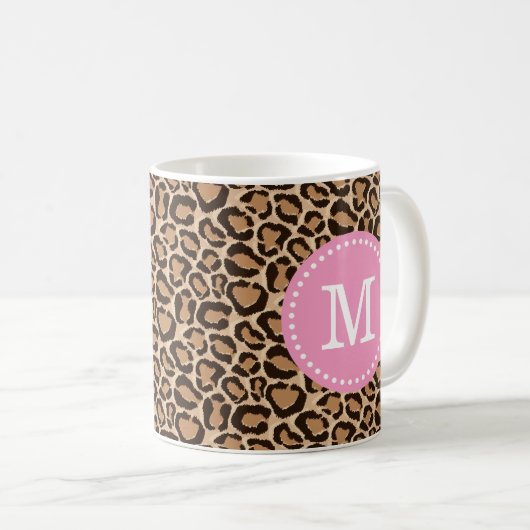 Pink und Leopard Print Custom Monogram Kaffeetasse (VorderseiteRechts)