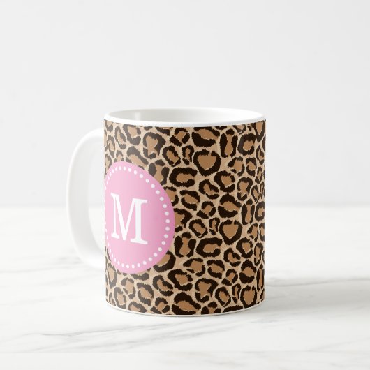 Pink und Leopard Print Custom Monogram Kaffeetasse (Vorderseite Links)