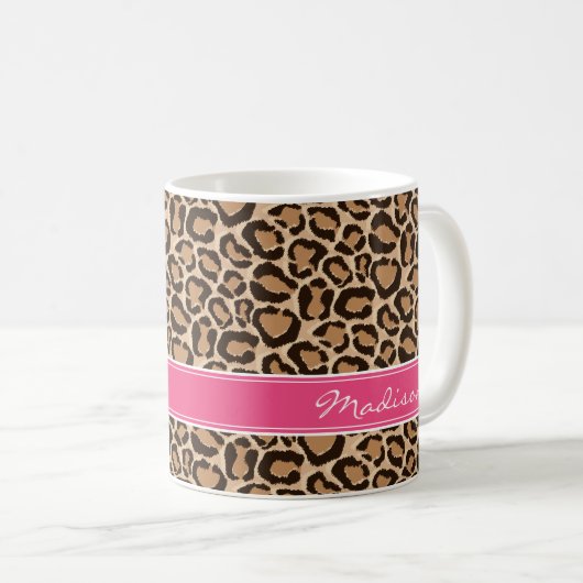Pink und Leopard Print Custom Monogram Kaffeetasse (VorderseiteRechts)