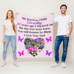 PINK UND LILA BLUMENKUSTOM 90. GEBURTSTAG FLEECEDECKE