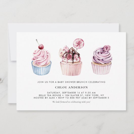 Pink und Lila Cupcakes Baby Dusche Brunch Einladung (Vorderseite)