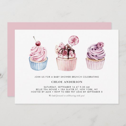 Pink und Lila Cupcakes Baby Dusche Brunch Einladung (Vorne/Hinten)