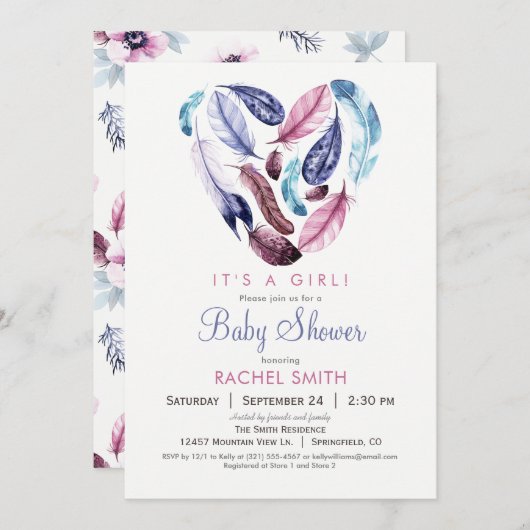 Pink und Lila Feathers Kinderdusche Einladung (Vorne/Hinten)