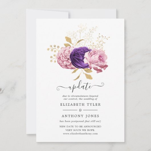 Pink und Lila florale Hochzeitsupdate verschoben Einladung (Vorderseite)