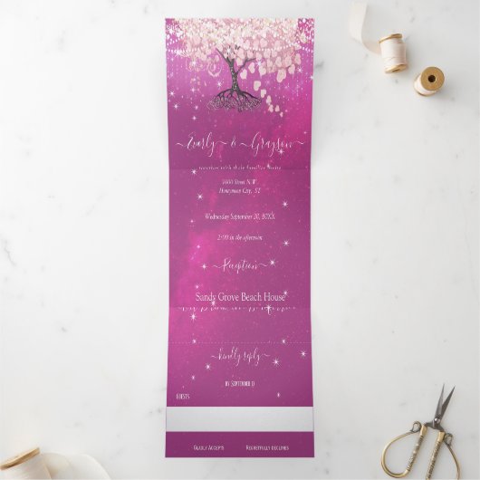 Pink und Lila Heart Leaf Tree Wedding Dreifach Gefaltete Einladung (Innenseite)