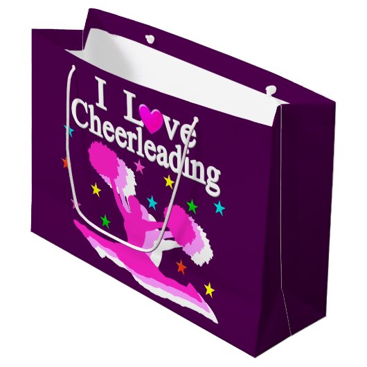 PINK UND LILA I LIEBE CHEERLEADING GIFT BAGS GROßE GESCHENKTÜTE (Vorderseite Schrägansicht)