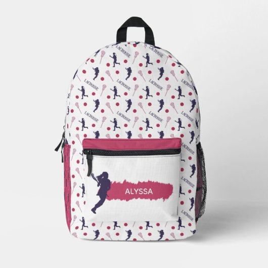 Pink und Lila Lacrosse Player-Muster Bedruckter Rucksack (Vorderseite)