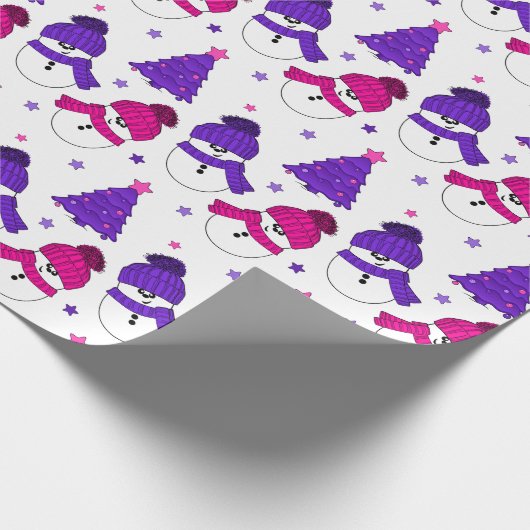 Pink und Lila Snowman Weihnachtsbaum Geschenkwrap Geschenkpapier (Ecke)