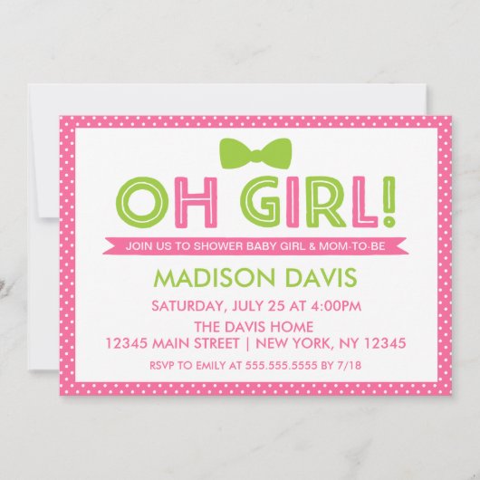 Pink und Limone Green Polka Dot Oh Girl Baby Dusch Einladung (Vorderseite)
