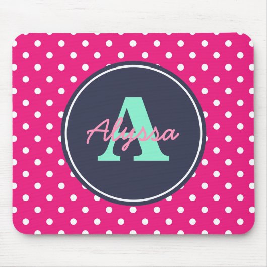 Pink und Marine-Punkte, Initiale und Name Mousepad (Vorne)
