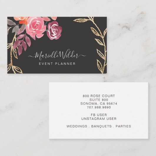 Pink und Marsala floral Gold Foliage Plane Visitenkarte (Vorne/Hinten)