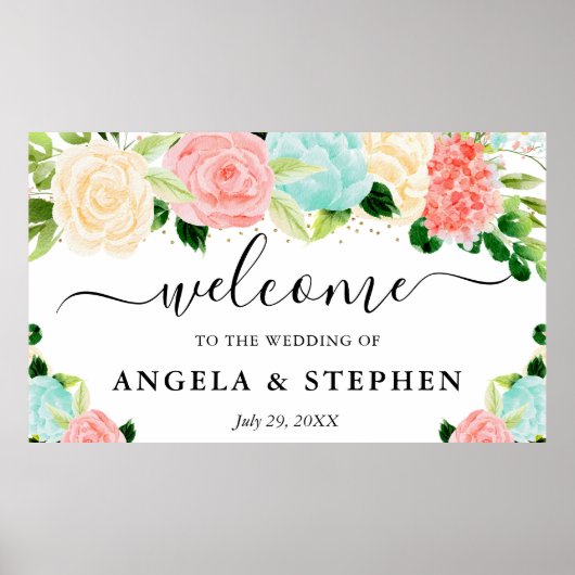 Pink und Mint Boho Blume Begrüßung Poster (Vorne)