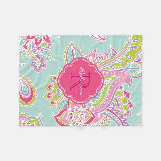 Pink und Mint Boho Paisley Mit Monogramm Fleecedecke (Vorderseite (Horizontal))