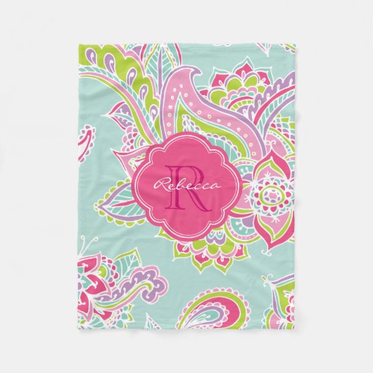 Pink und Mint Boho Paisley Mit Monogramm Fleecedecke (Vorderseite)