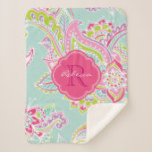 Pink und Mint Boho Paisley Mit Monogramm Sherpadecke (Vorderseite)