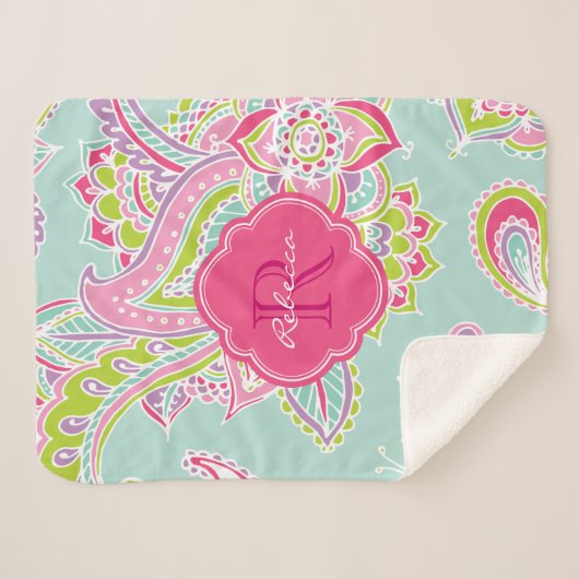 Pink und Mint Boho Paisley Mit Monogramm Sherpadecke (Vorderseite (Horizontal))